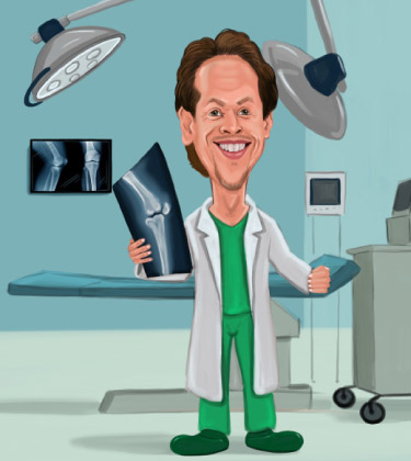 Funny caricature of a dentist standing in his office