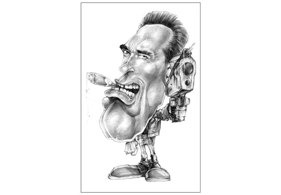 Black and White Caricature of the Austrian Actor Arnold Schwarzenegger Holding a Gun