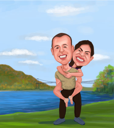 Funny Caricature of a Couple next to the lake