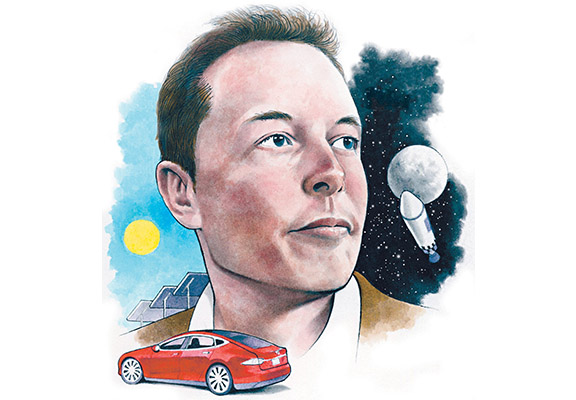 Elon Musk Digital Portrait With Solar Panels, Moon, and Tesla Car