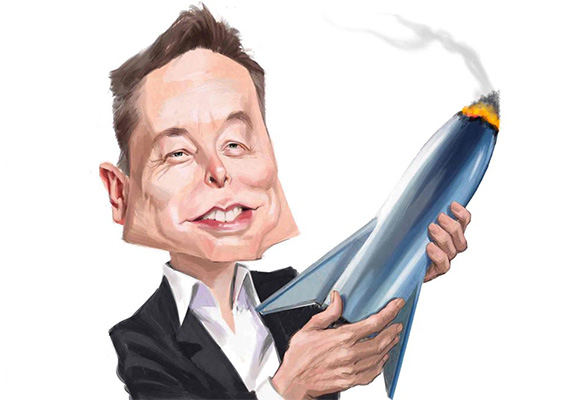 Caricature Drawing of Investor Elon Musk Holding a Rocket Toy That Smokes