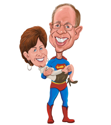Funny sketch of a husband lifting up his wife in his superman t-shirt