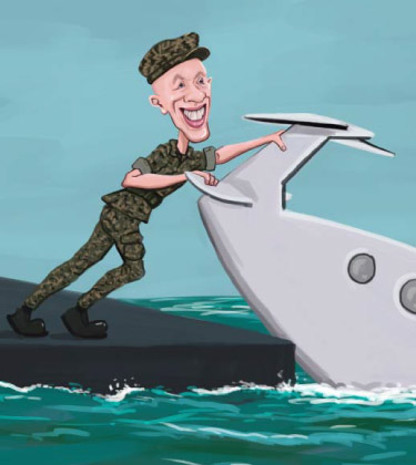 Pilot pushing his aircraft on the water caricature