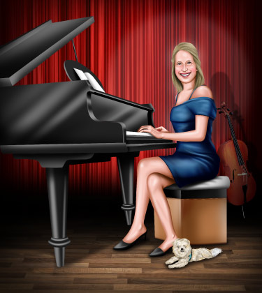 Piano Teacher Portrait Drawing in front of her piano