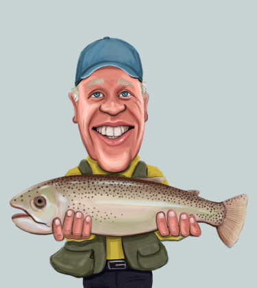 Caricature of a fisherman proudly holding his catch