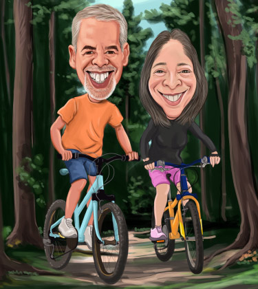 Custom Drawing of a couple riding their bycicles in woods
