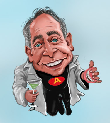 Caricature of a 50 year old doctor with Superman t-shirt below his doctors uniform
